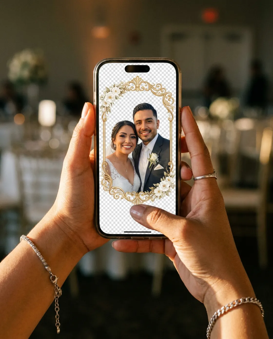Teléfono mostrando foto con marco personalizado de boda