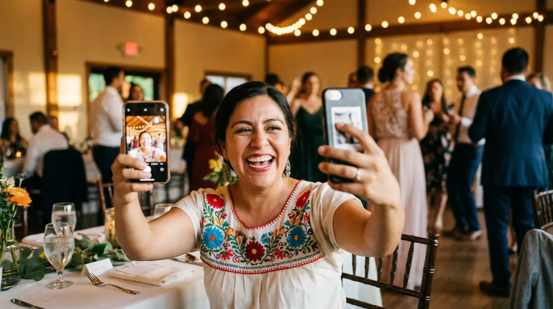 Invitada tomando una foto con marco personalizado