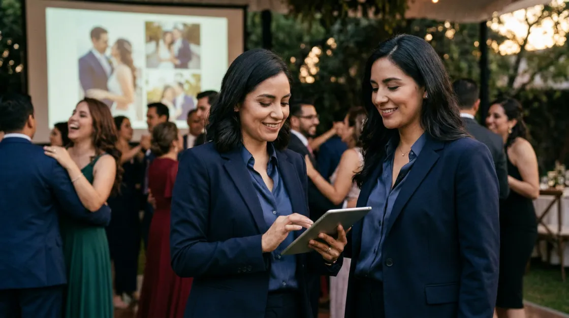 Wedding planner usando tablet para configurar evento